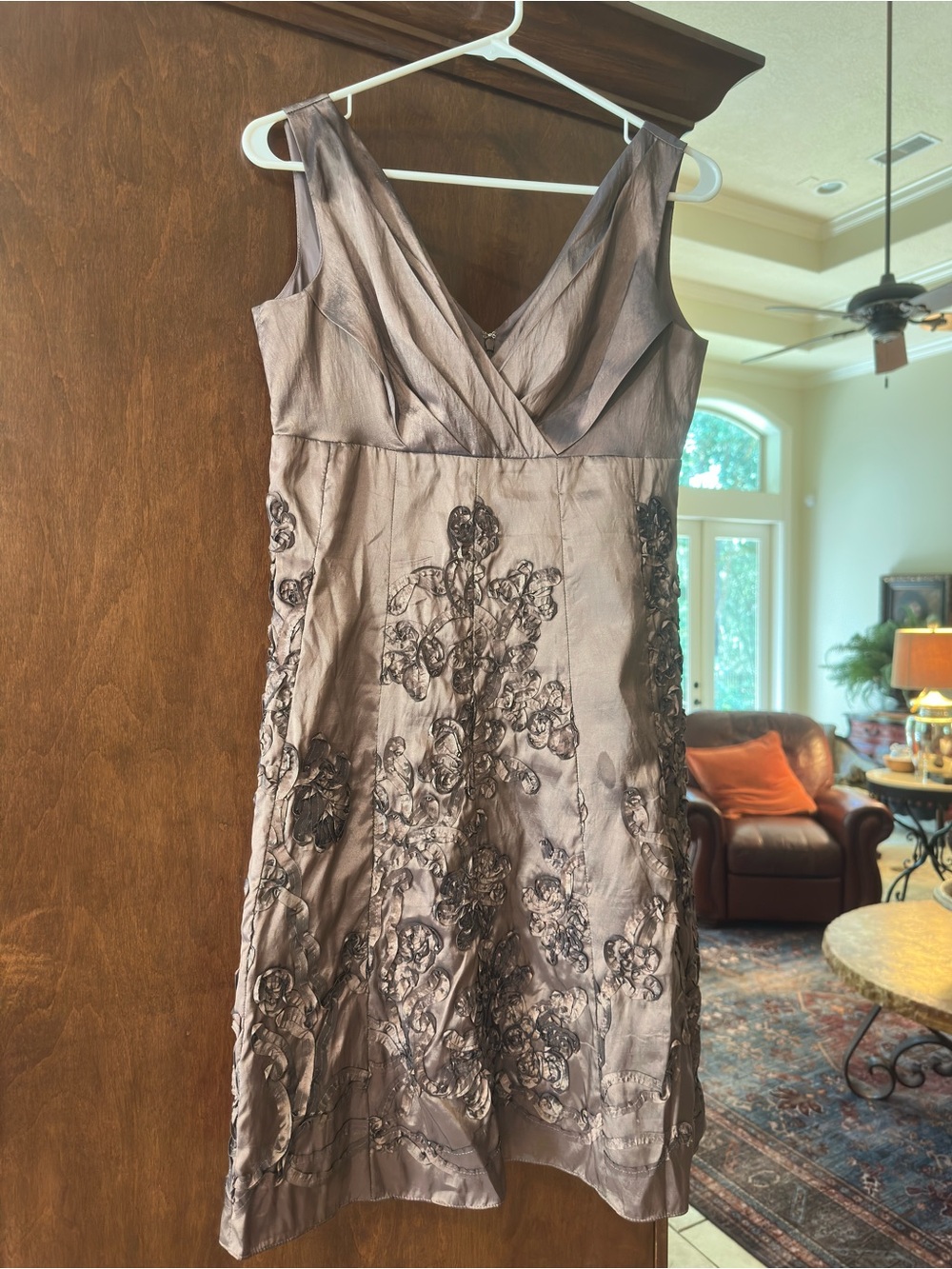 Evan Picone Metallic Taupe Floral Embroidered Midi Dress